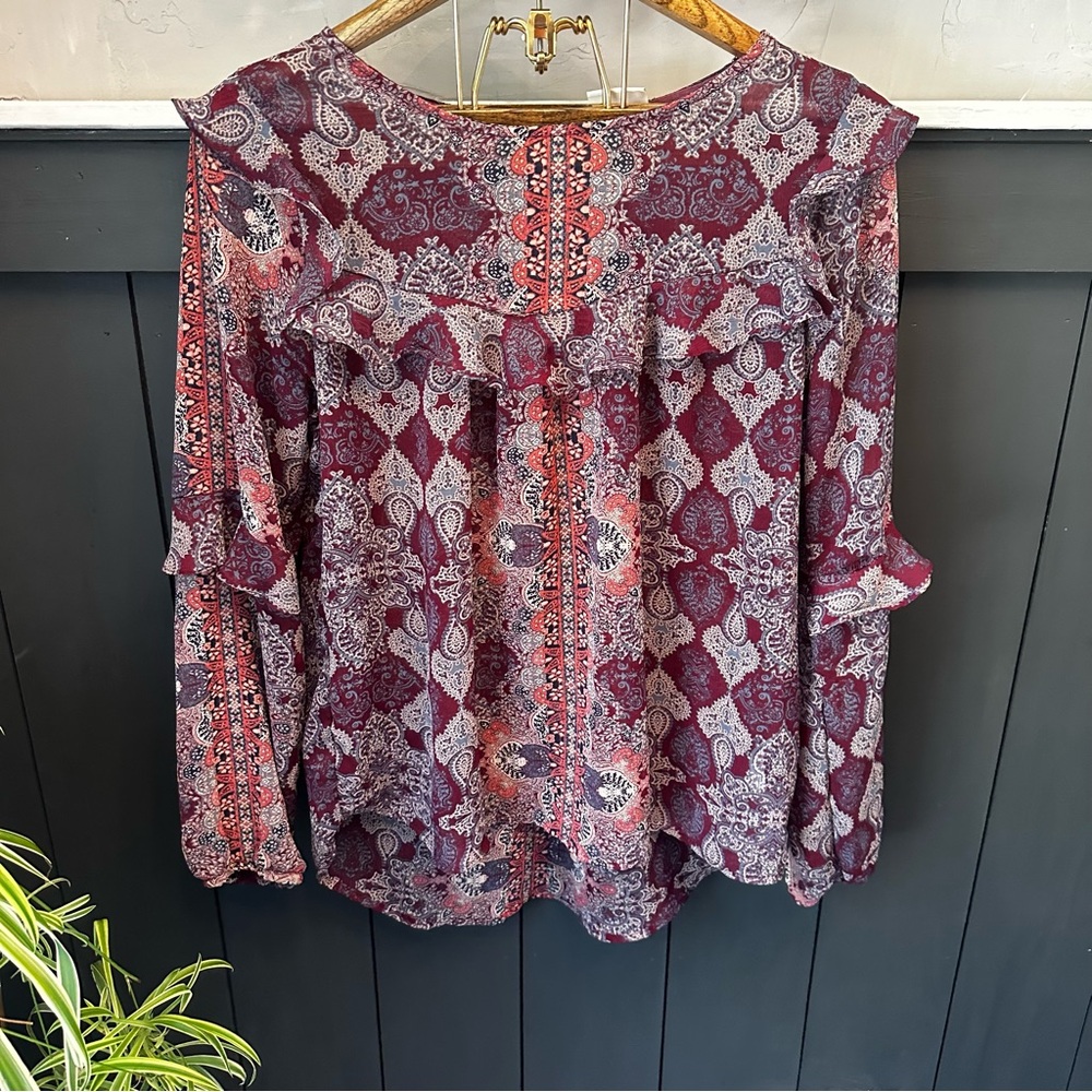 Knox Rose Semi Sheer Boho Long Sleeve Ruflfle Paisley Blouse sz‎ M